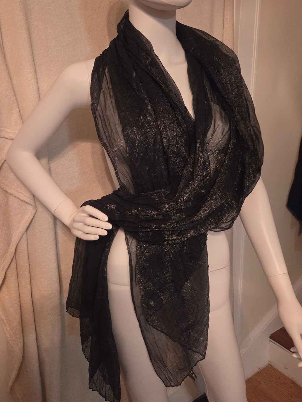 Women's Black Sheer Crinkle Scarf - Elegant Lightweight Wrap